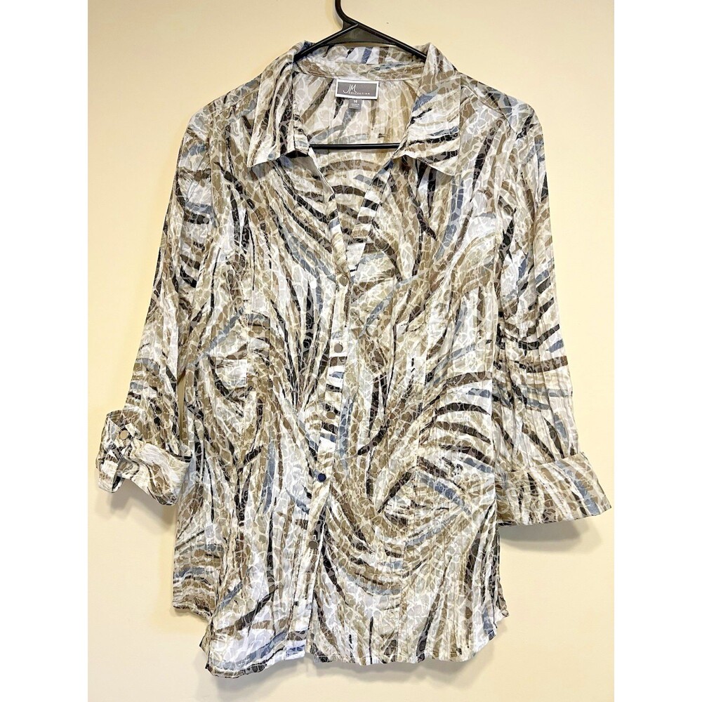 JM COLLECTION SEMI-SHEER EMBELLISHED WHITE GRAY BROWN BUTTON DOWN SZ 14 TOP